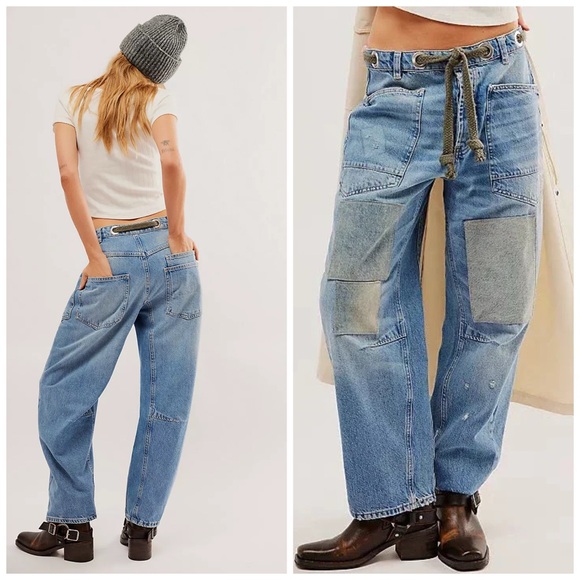 Free People Denim - Free People We The Free Moxie Pull On Barrel Jeans Size 25 Blue Paint Splatter